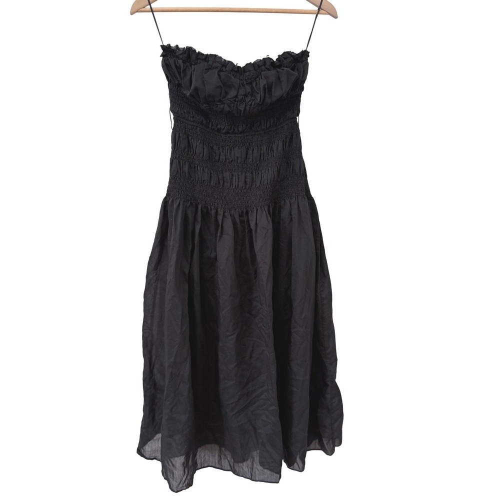 Moon River Strapless Smocked Midi Dress Small Black Ruffle Tencel‎